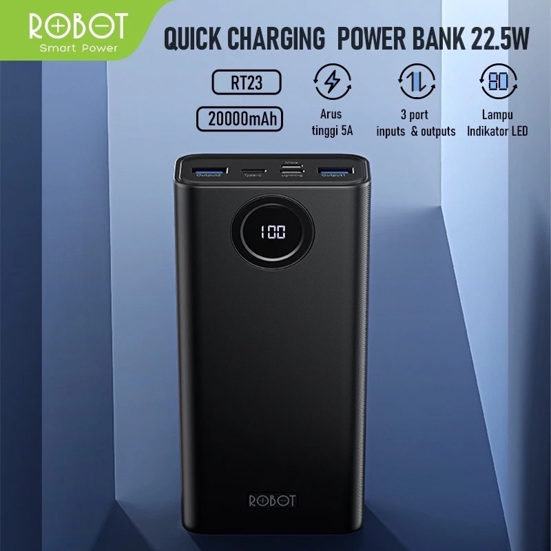 robot power bank 20000mah rt23 quick charging 3 port input & output digital display grnsi resmi