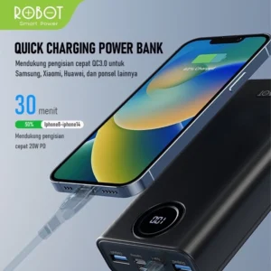 robot power bank 20000mah rt23 quick charging 3 port input & output digital display grnsi resmi