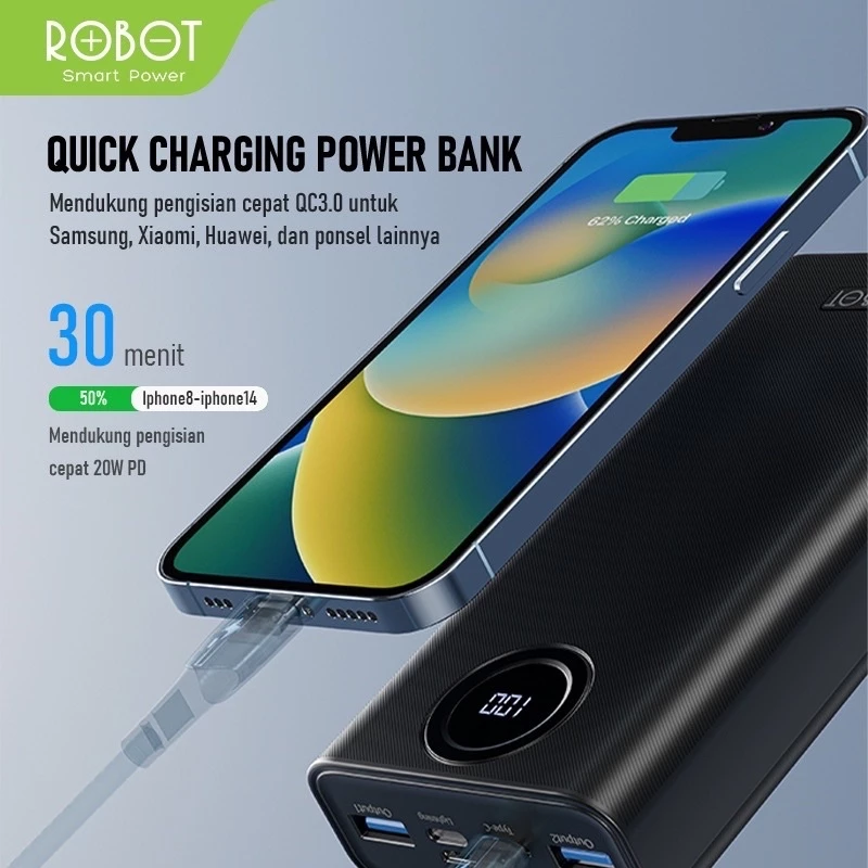 robot power bank 20000mah rt23 quick charging 3 port input & output digital display grnsi resmi