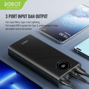 robot power bank 20000mah rt23 quick charging 3 port input & output digital display grnsi resmi