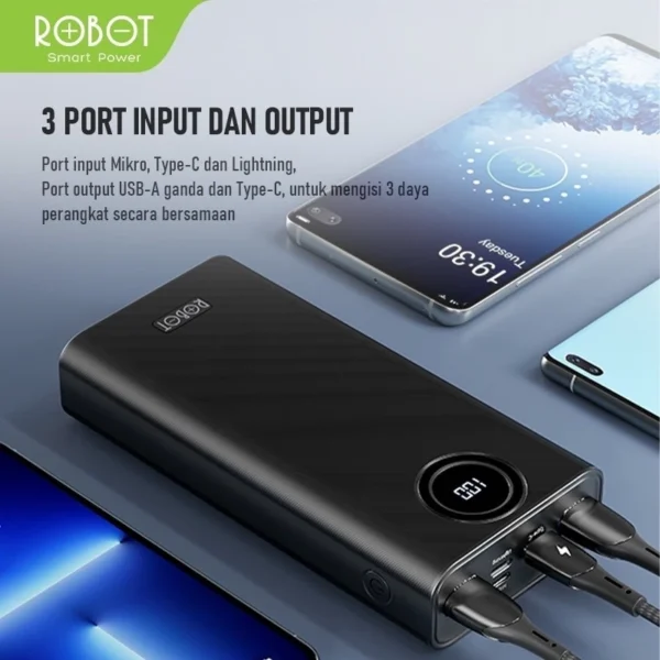 robot power bank 20000mah rt23 quick charging 3 port input & output digital display grnsi resmi