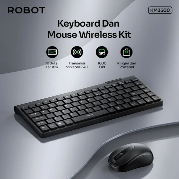 robot portable mini wireless set combo keyboard and mouse km3500 original garansi 1 tahun