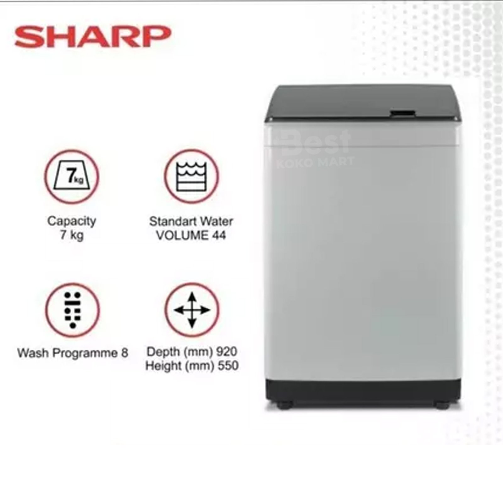 sharp mesin cuci top loading megamouth 1.5 series 7kg es m7000p gg garansi resmi original