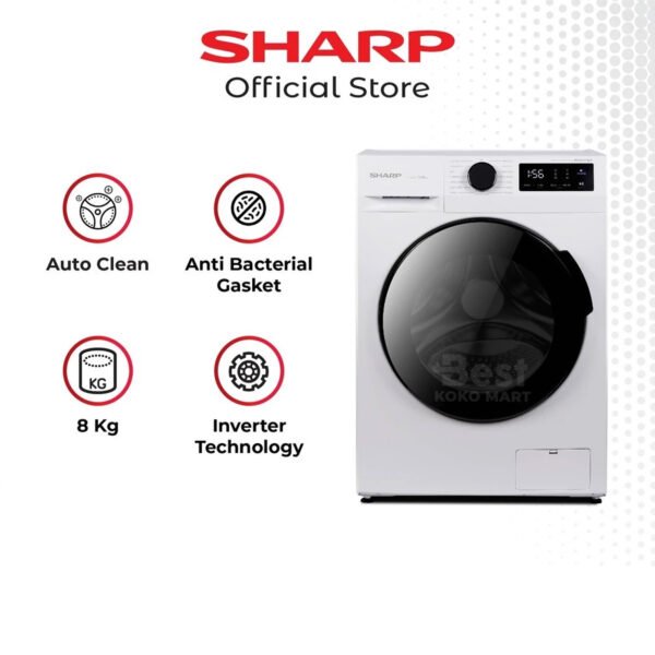 sharp washing machine front load series 8 kg , j tech inverter with auto tub clean es fl1480mwx garansi resmi original