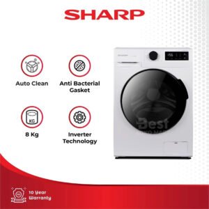 Sharp Washing Machine - Front Load Series 8 Kg , J-Tech Inverter with Auto Tub Clean - ES-FL1480MWX Garansi Resmi Original
