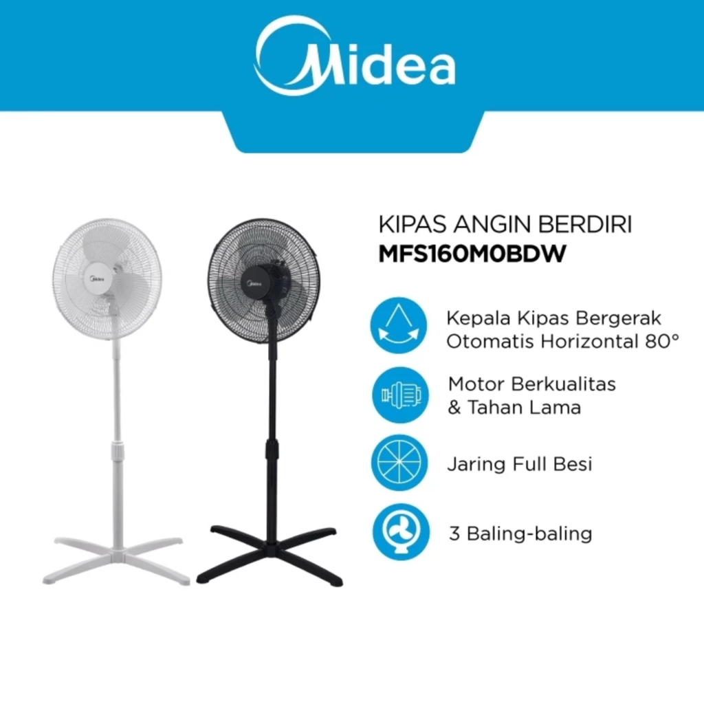 midea kipas angin berdiri 14 inch mfs160m0bdw â motor tahan lama, 3 pengaturan angin & tinggi adjustable