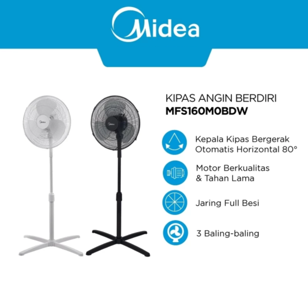 midea kipas angin berdiri 14 inch mfs160m0bdw – motor tahan lama, 3 pengaturan angin & tinggi adjustable