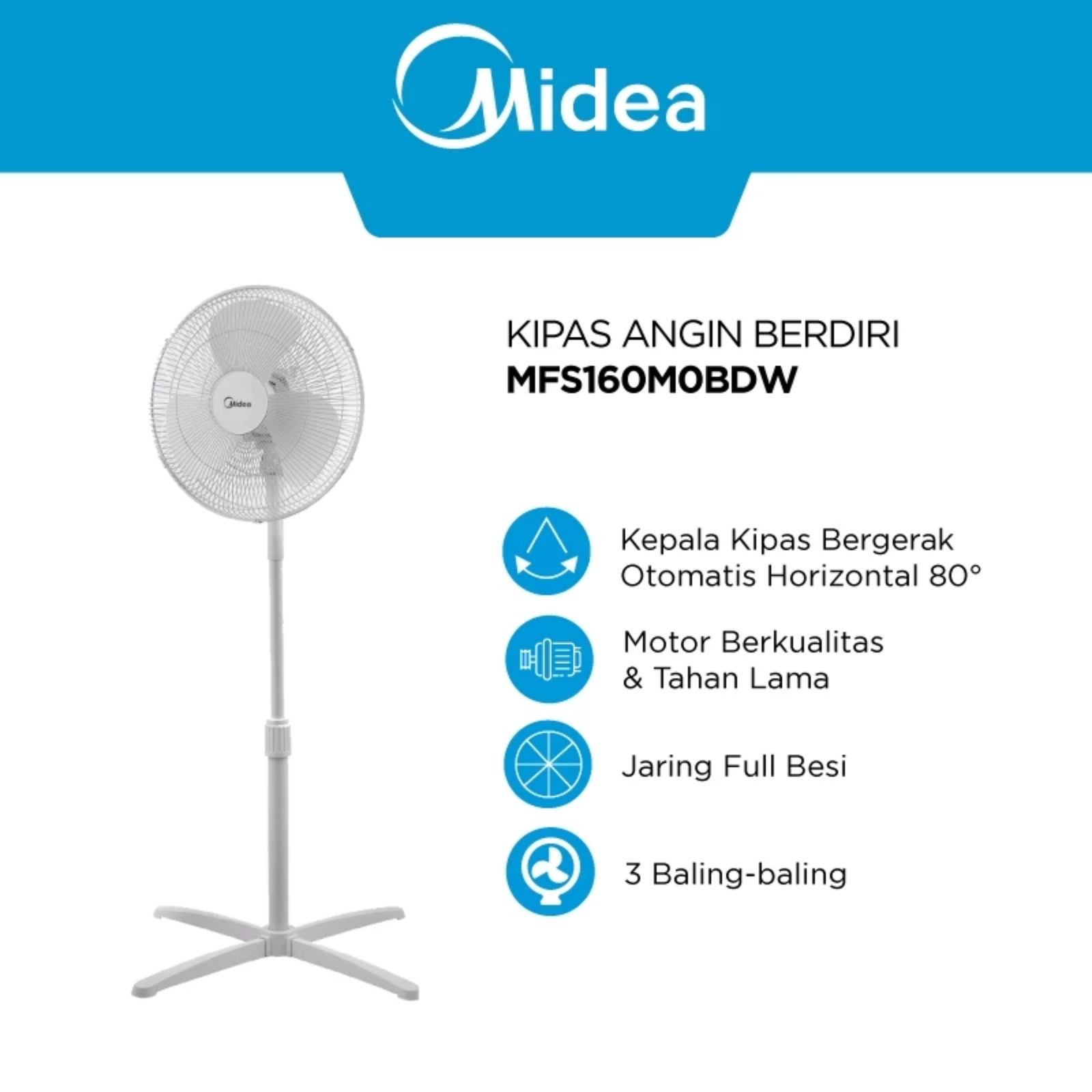 midea kipas angin berdiri 14 inch mfs160m0bdw – motor tahan lama, 3 pengaturan angin & tinggi adjustable
