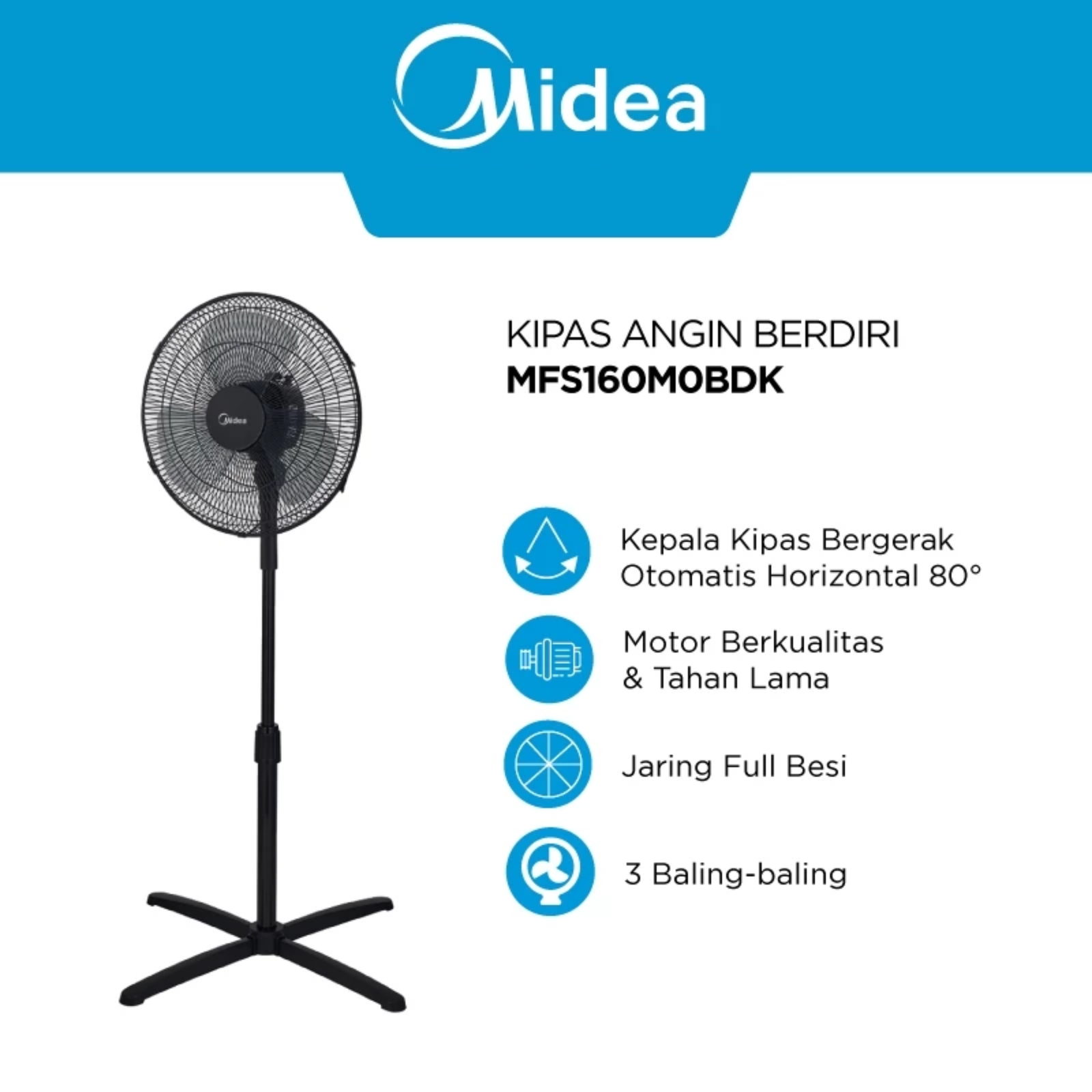 midea kipas angin berdiri 14 inch mfs160m0bdw – motor tahan lama, 3 pengaturan angin & tinggi adjustable