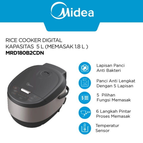 midea digital rice cooker low watt 1.8l mrd180b2cdn – dengan white jade antibacterial & crystal diamond