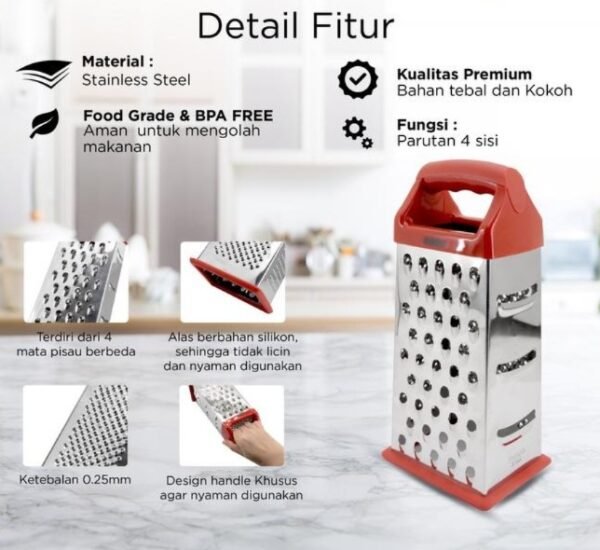 maxim tools 4 sided box grater red parutan keju sayur buah stainless steel