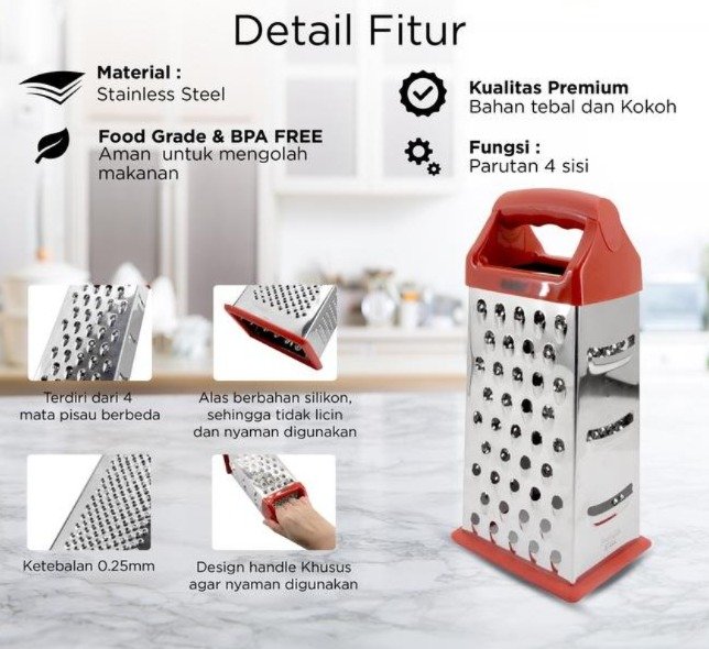 maxim tools 4 sided box grater red parutan keju sayur buah stainless steel