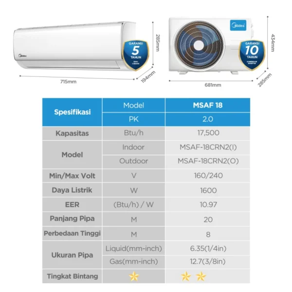 midea ac standard 2 pk msafe 18crn2x (indoor + outdoor)